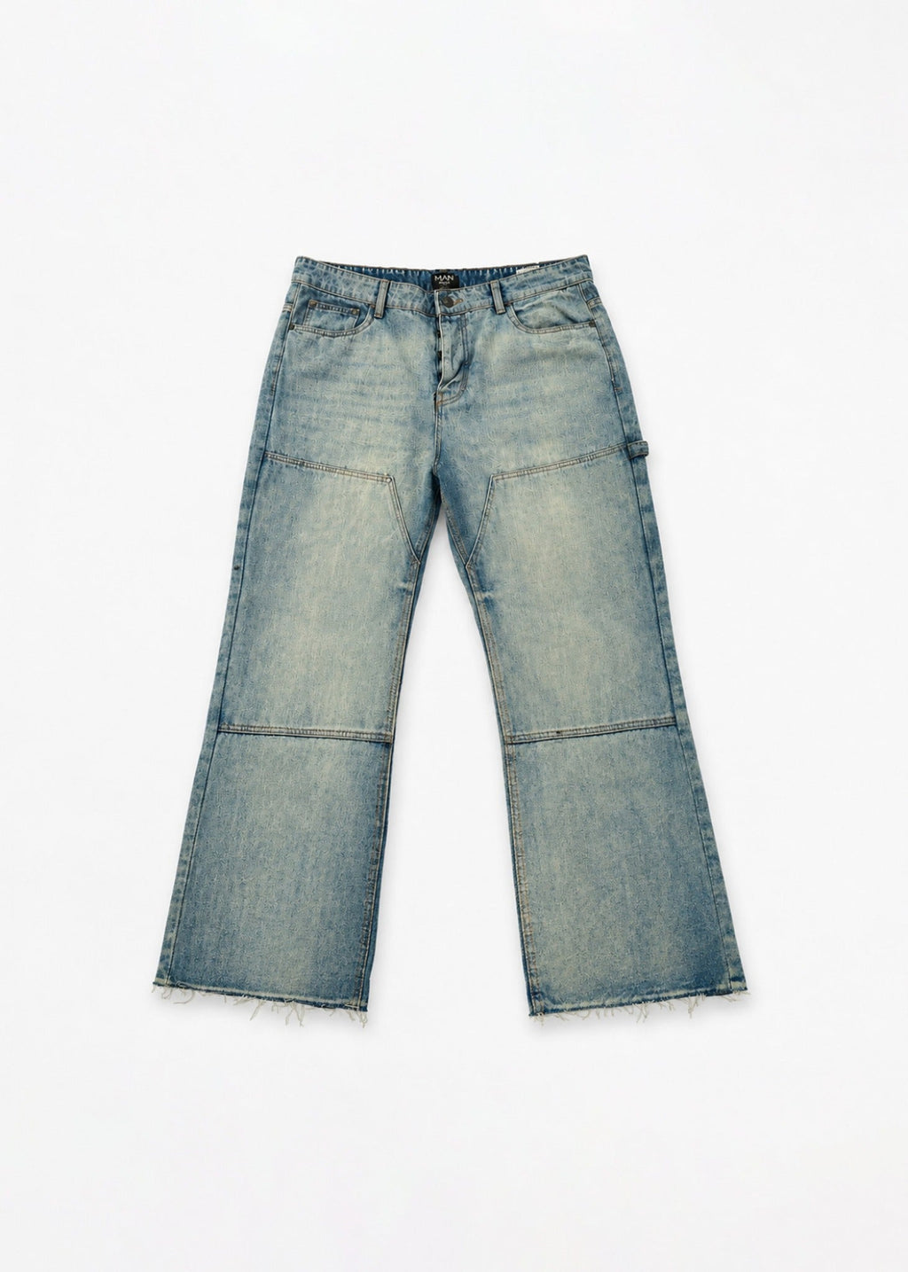 Light-wash carpenter wide-leg jeans front view with utility pockets