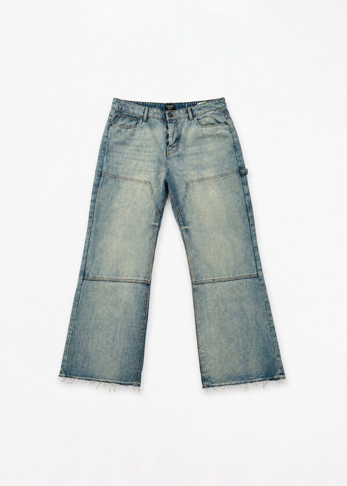 Light-wash carpenter wide-leg jeans front view with utility pockets