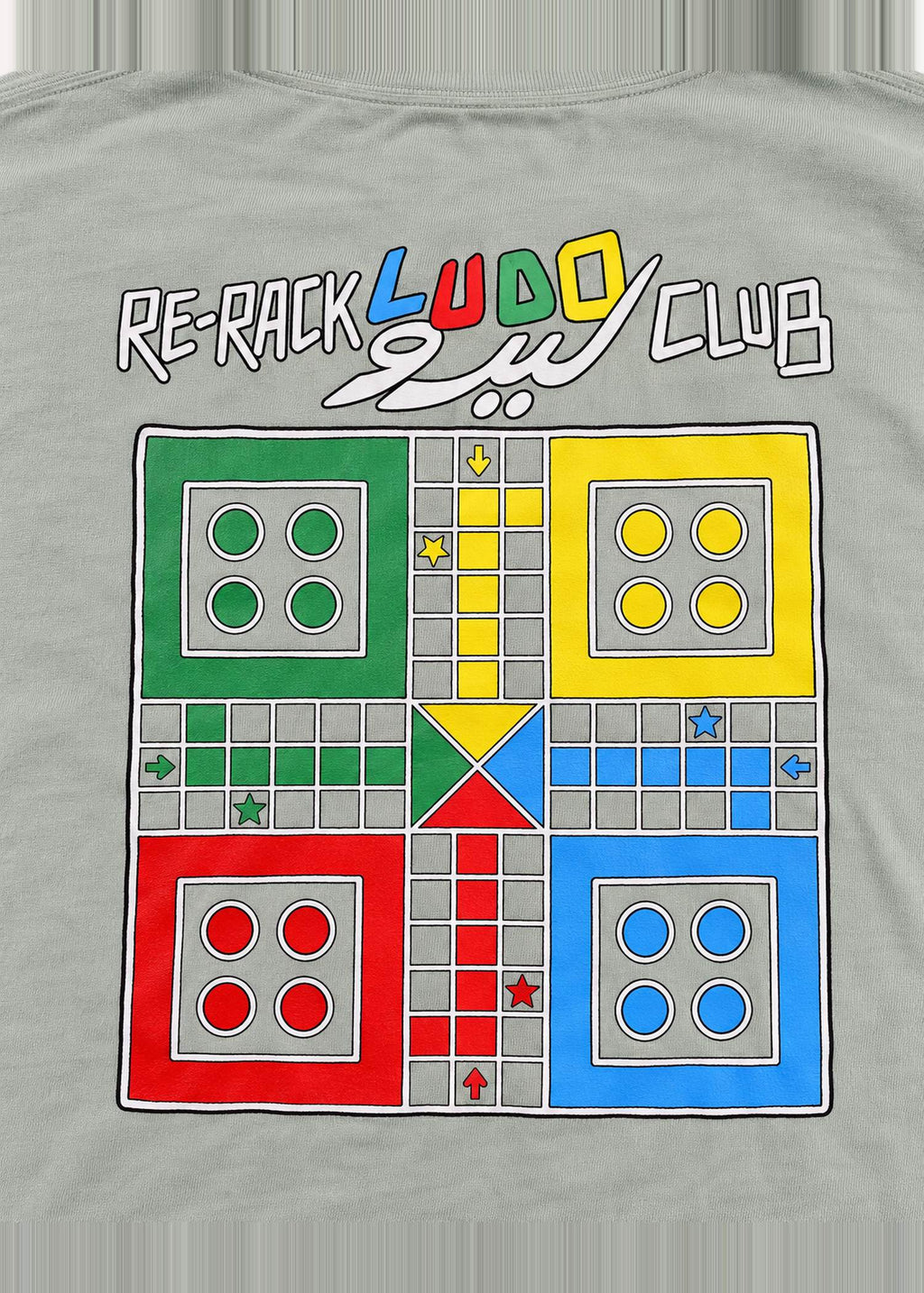 Rerack Ludo Club Graphic Tee – Sage Green – Ludo board print close-up