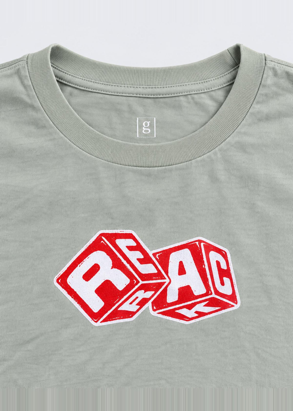 Rerack Ludo Club Graphic Tee – Sage Green – dice graphic and neckline close-up