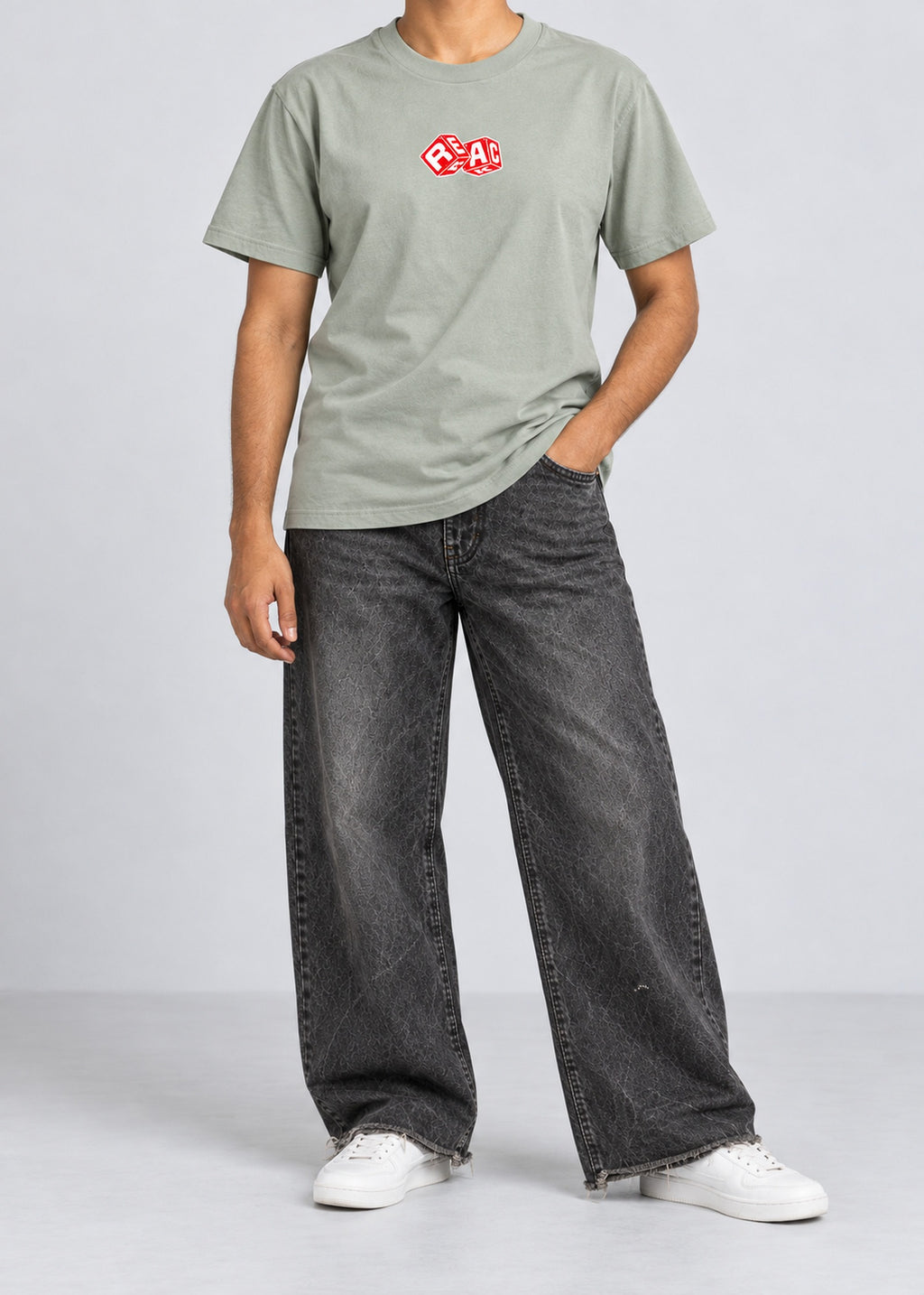 Rerack Ludo Club Graphic Tee – Sage Green – male model front view