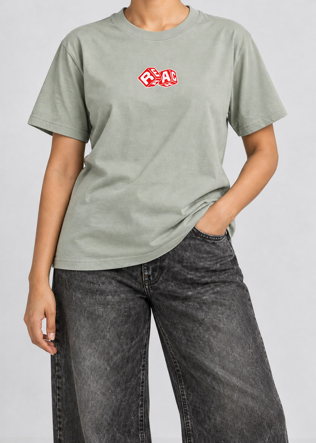 Rerack Ludo Club Graphic Tee – Sage Green – female model front view