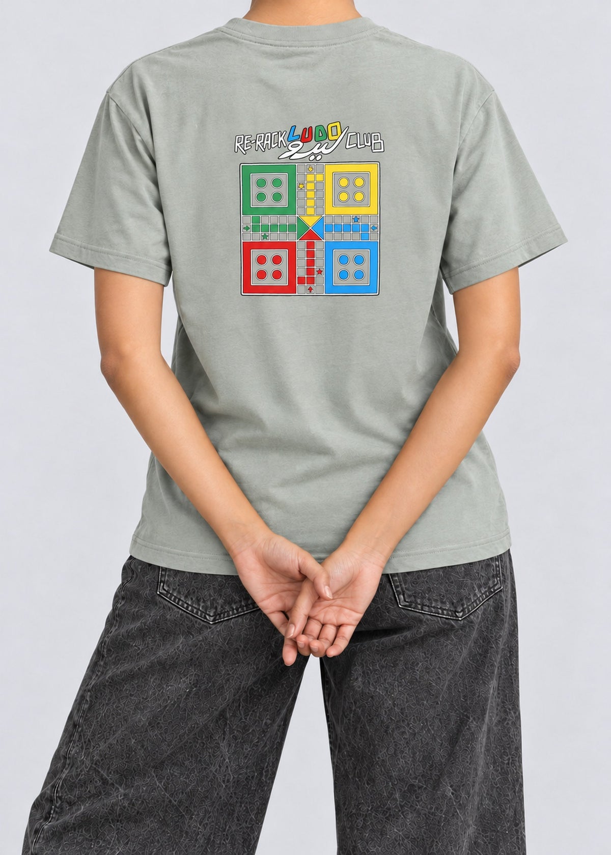 Rerack Ludo Club Graphic Tee – Sage Green – model back view showing the graphic