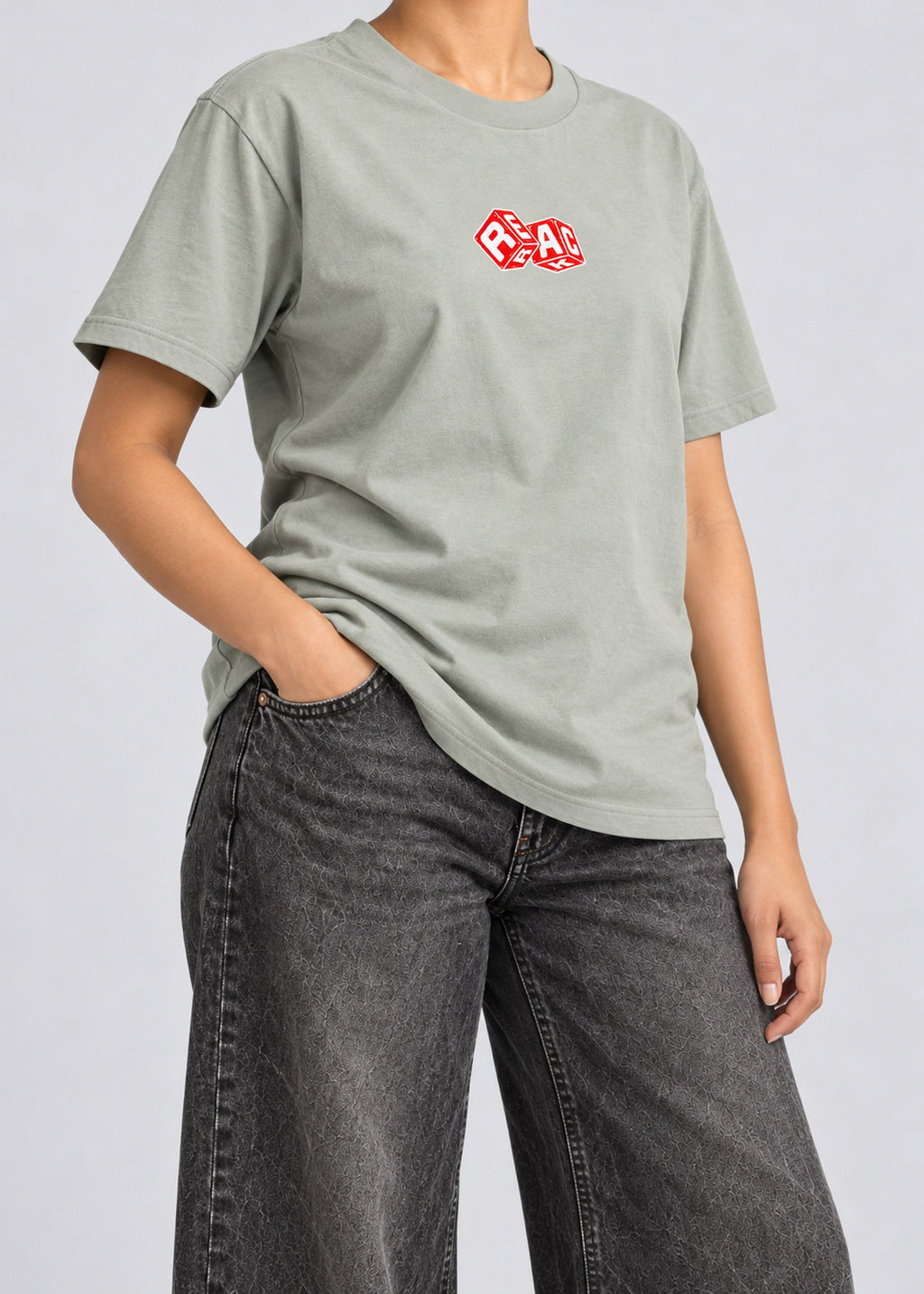 Rerack Ludo Club Graphic Tee – Sage Green – female model three-quarter view