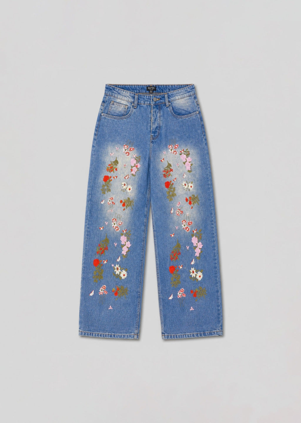 MAN light-wash floral embroidered wide-leg jeans front view