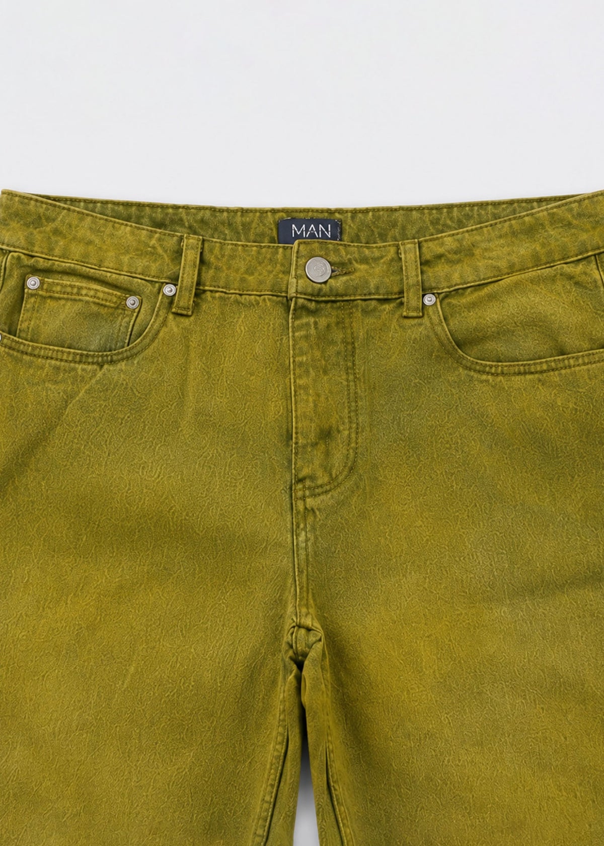 Olive acid-wash jeans waistband five-pocket and button detail