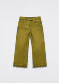 Olive acid-wash wide-leg jeans front view with raw frayed hem