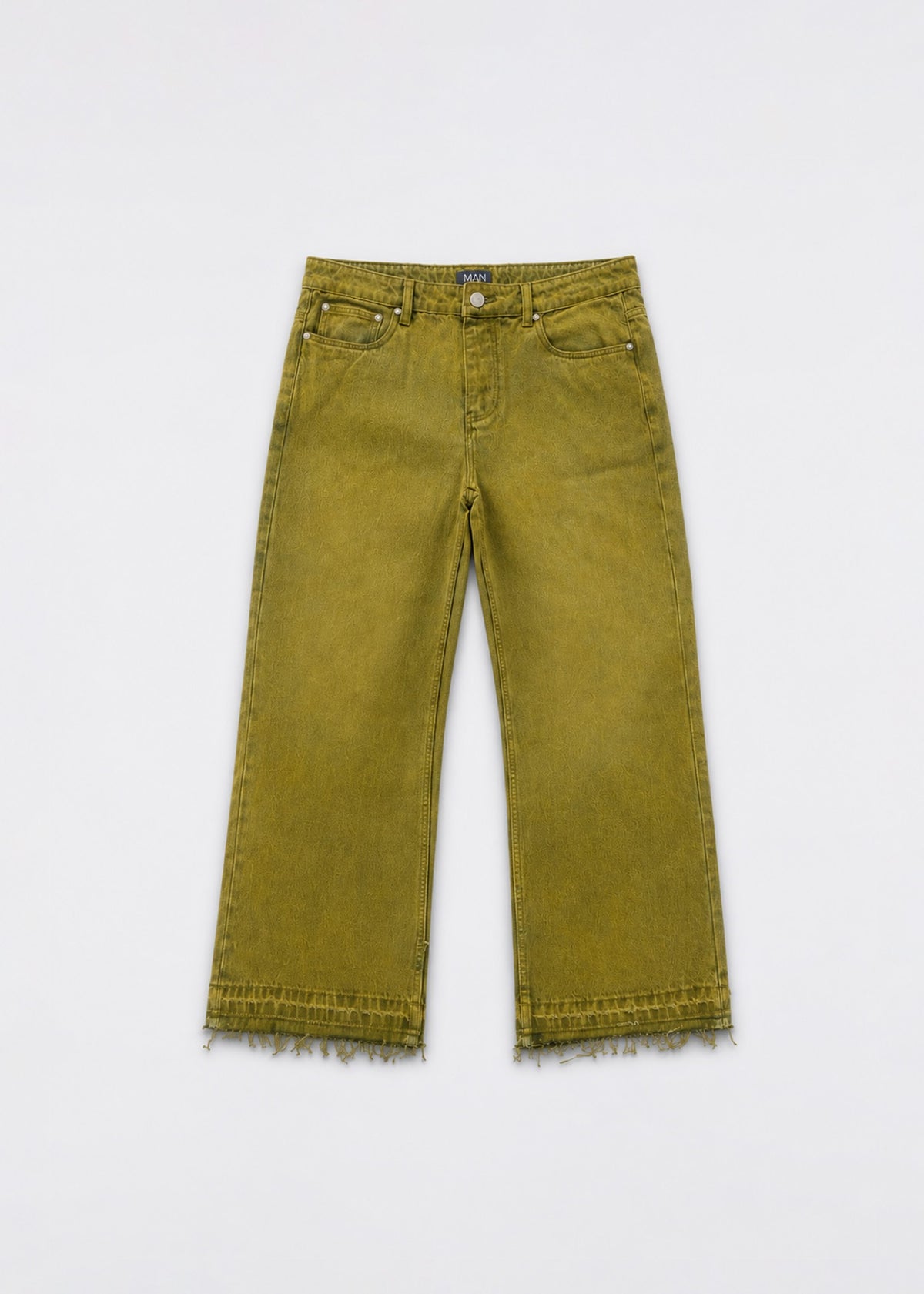 Olive acid-wash wide-leg jeans front view with raw frayed hem