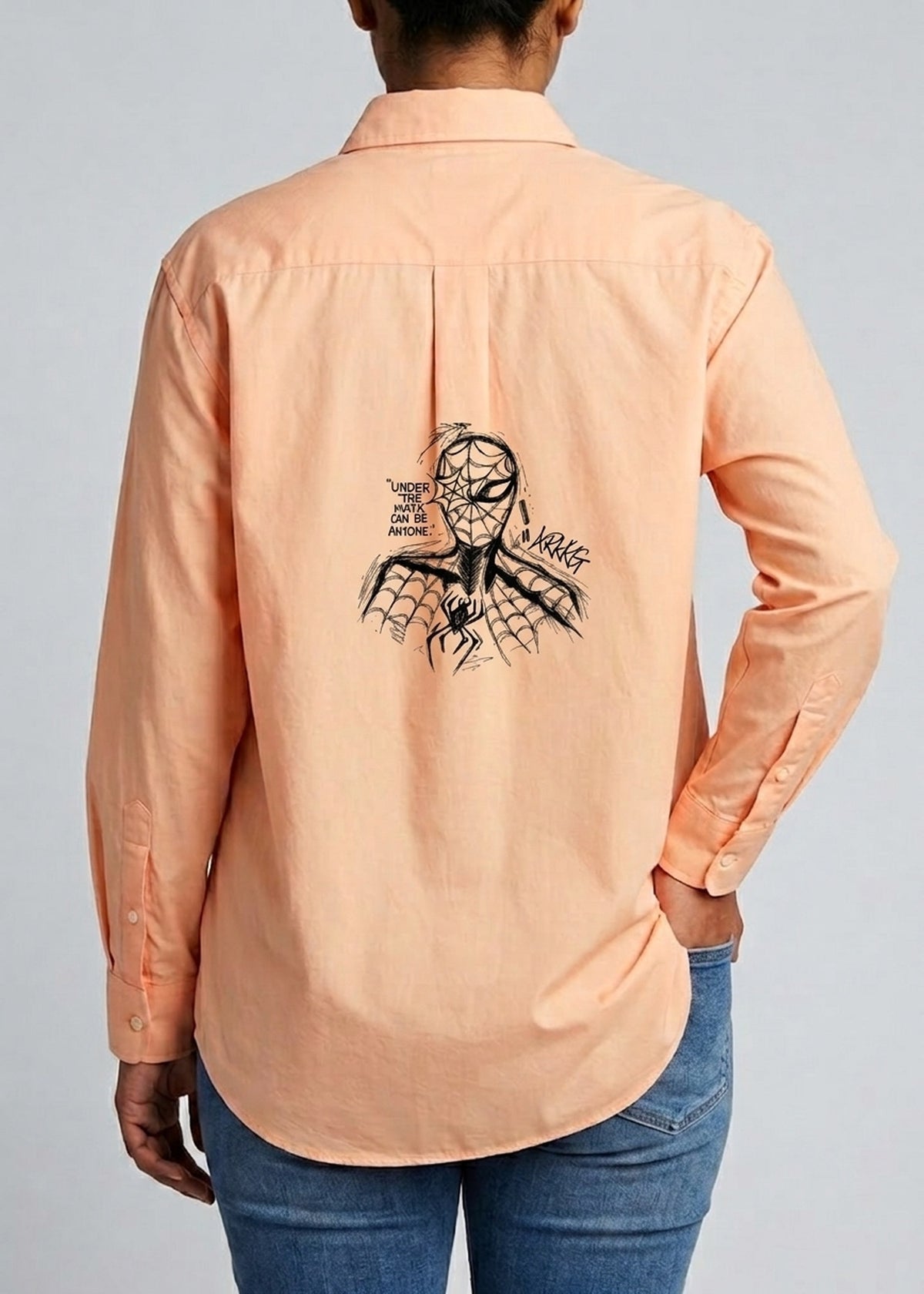 Spider Graphic Shirt – Peach Long Sleeve – model back view showing the graphic