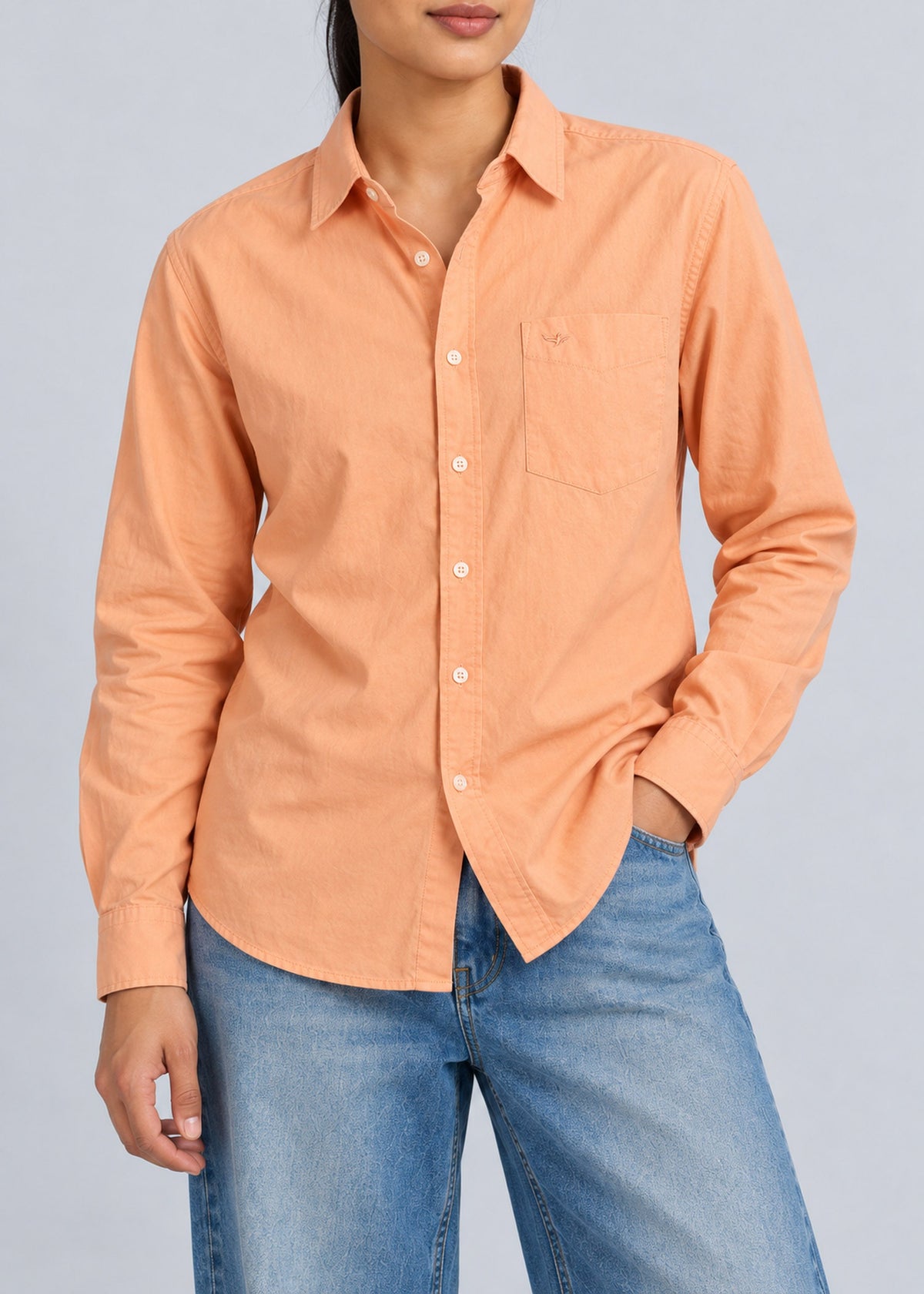 Spider Graphic Shirt – Peach Long Sleeve – female model front view