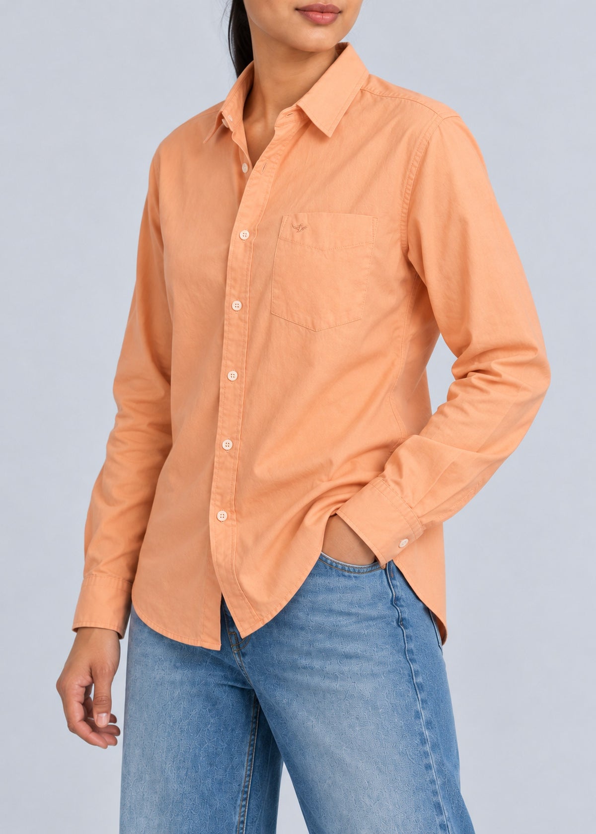 Spider Graphic Shirt – Peach Long Sleeve – female model three-quarter view