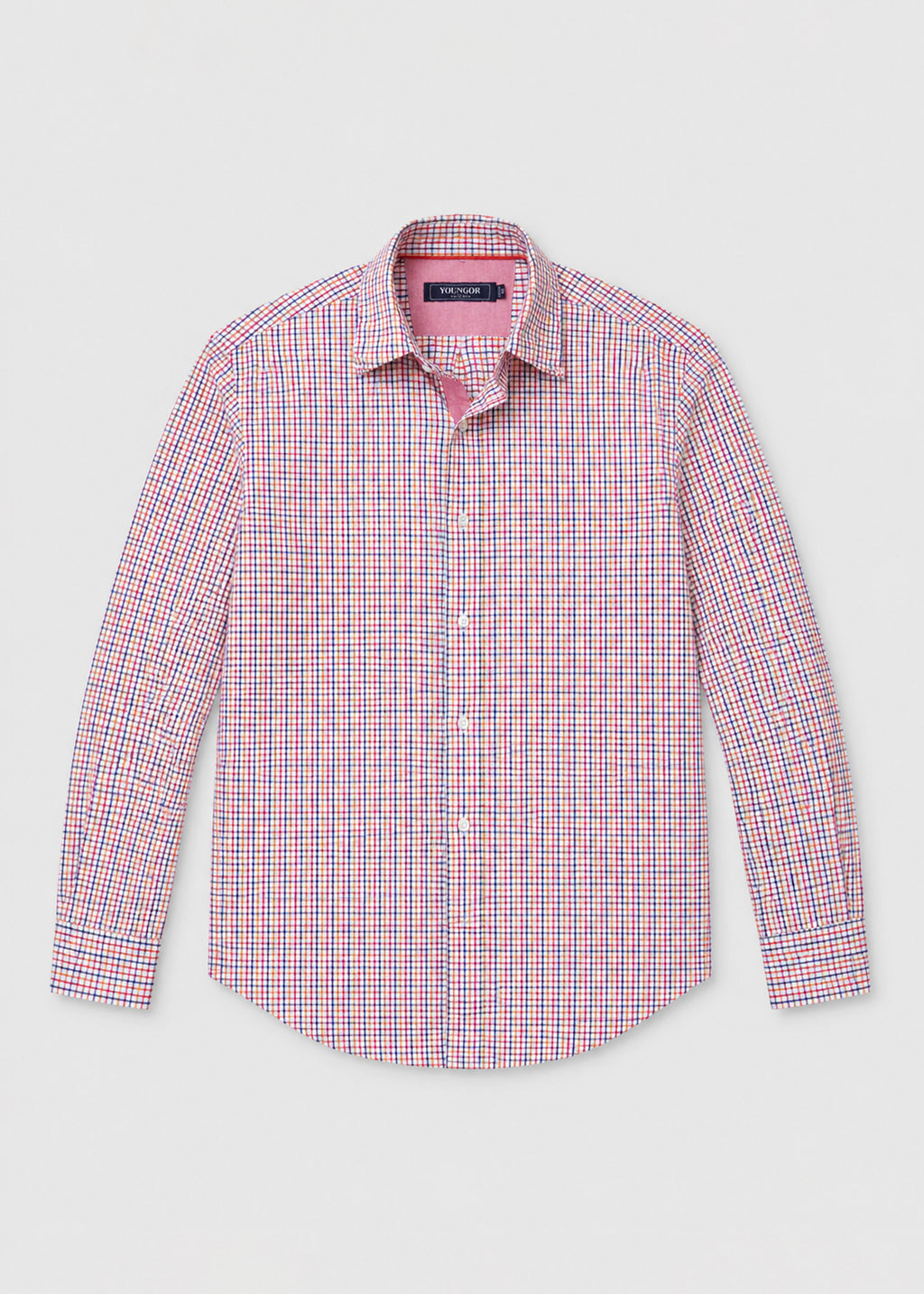 A long-sleeve button-down shirt with a fine red, blue, and white checkered pattern, displayed flat against a light gray background.