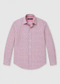 A long-sleeve button-down shirt with a fine red, blue, and white checkered pattern, displayed flat against a light gray background.