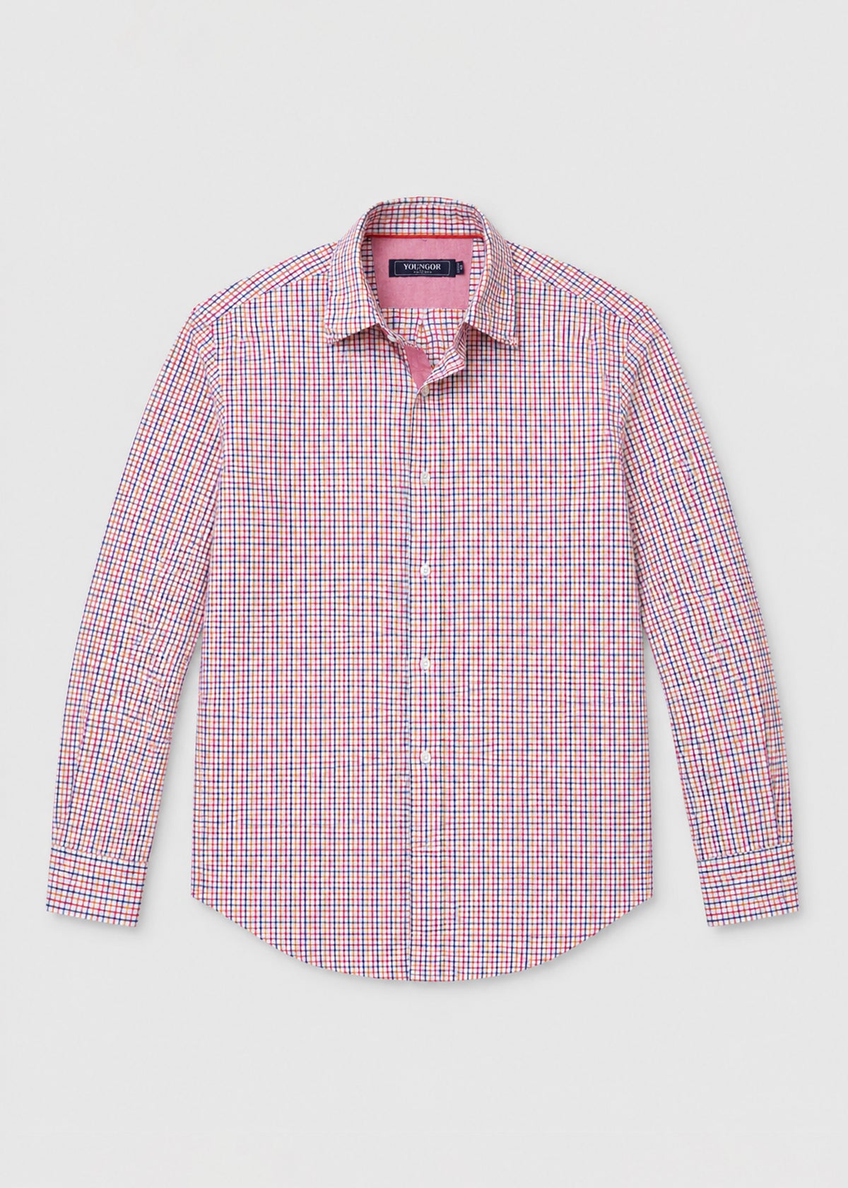 A long-sleeve button-down shirt with a fine red, blue, and white checkered pattern, displayed flat against a light gray background.