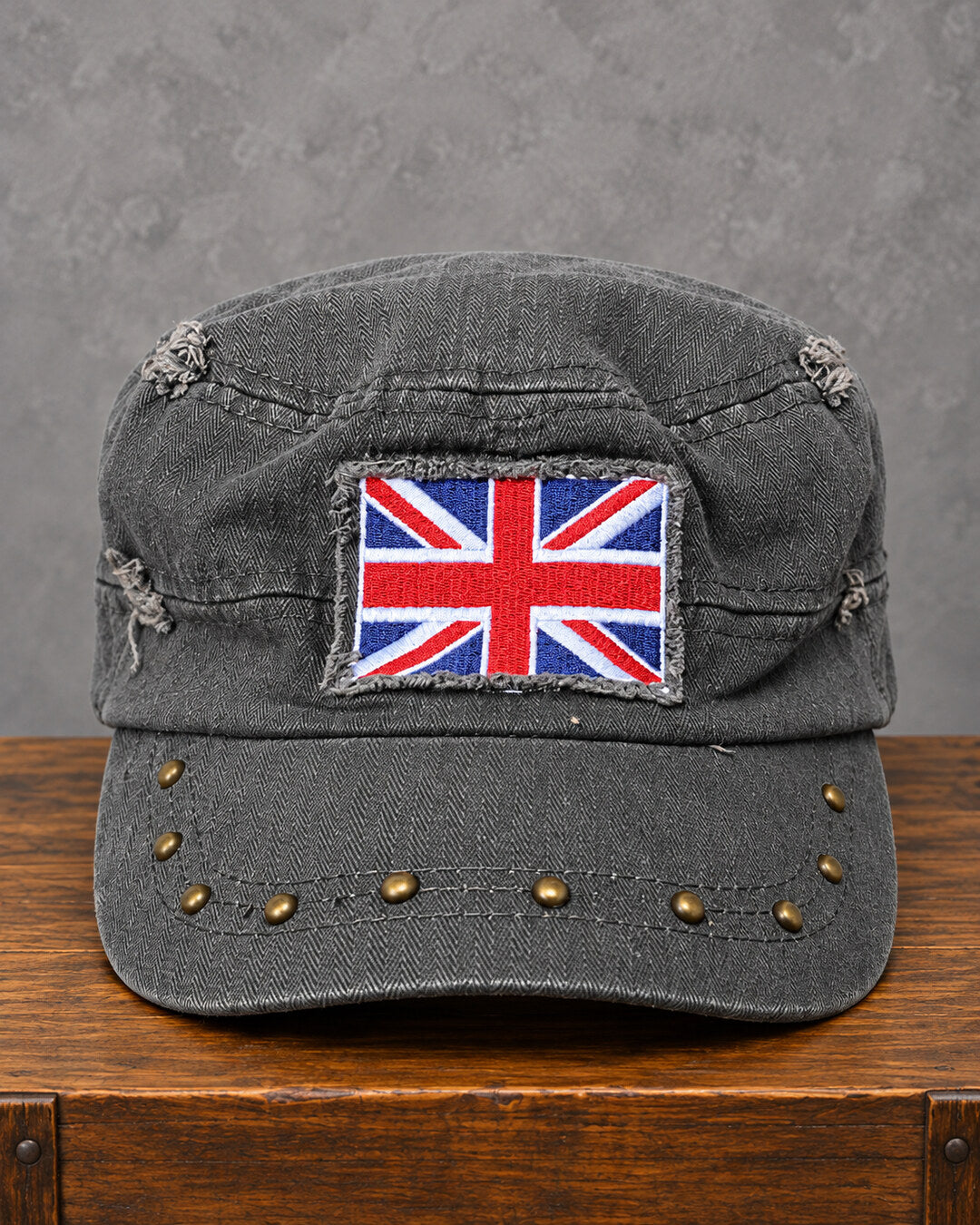 Charcoal Acid-Wash Union Jack Studded Cap, front view