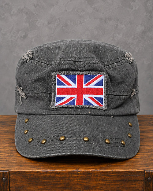 Charcoal Acid-Wash Union Jack Studded Cap, front view