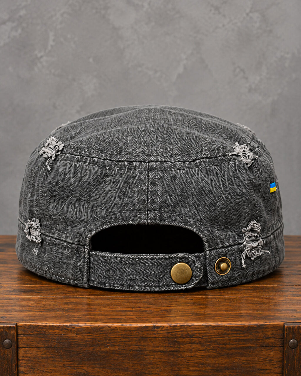 Charcoal Acid-Wash Union Jack Studded Cap, back view and adjustable strap