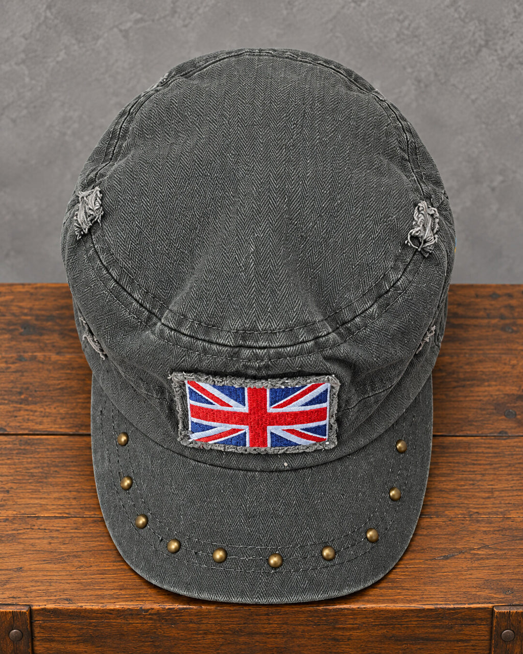 Charcoal Acid-Wash Union Jack Studded Cap, top view
