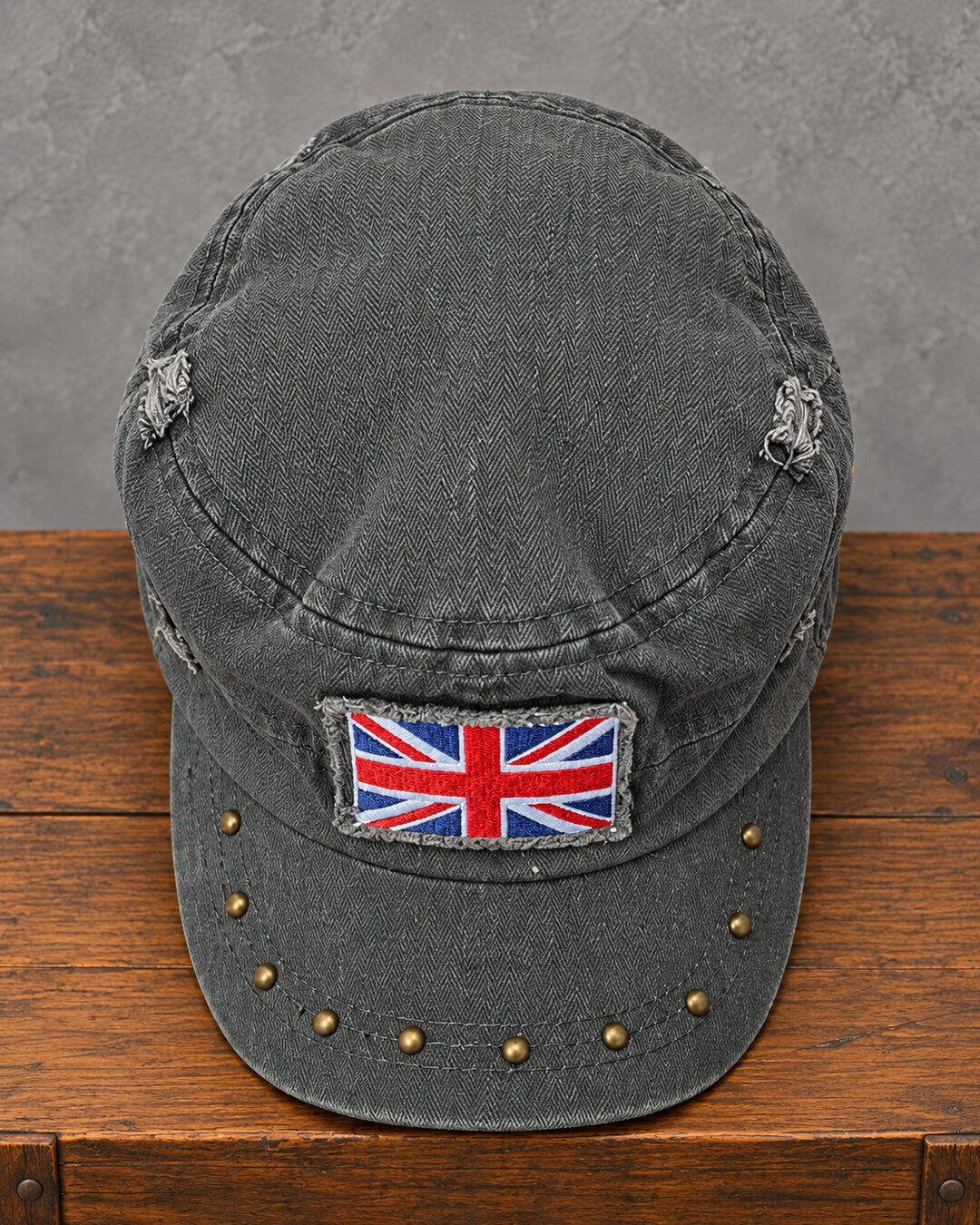 Charcoal Acid-Wash Union Jack Studded Cap, top view