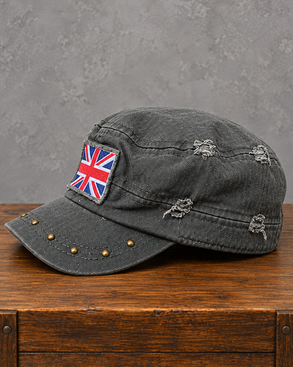 Charcoal Acid-Wash Union Jack Studded Cap, side view