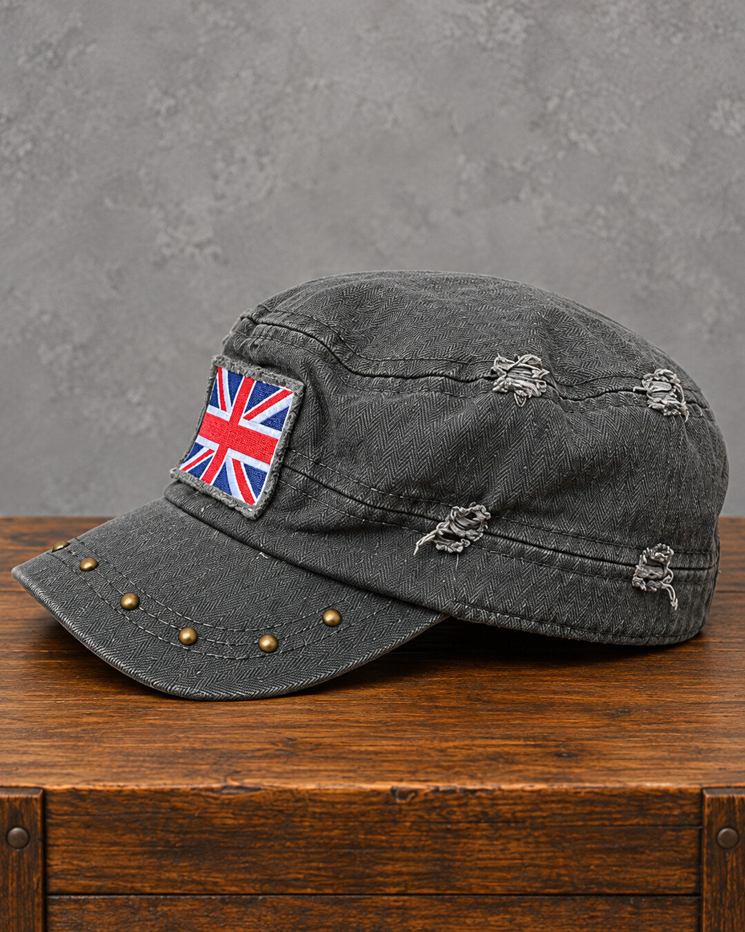Charcoal Acid-Wash Union Jack Studded Cap, side view