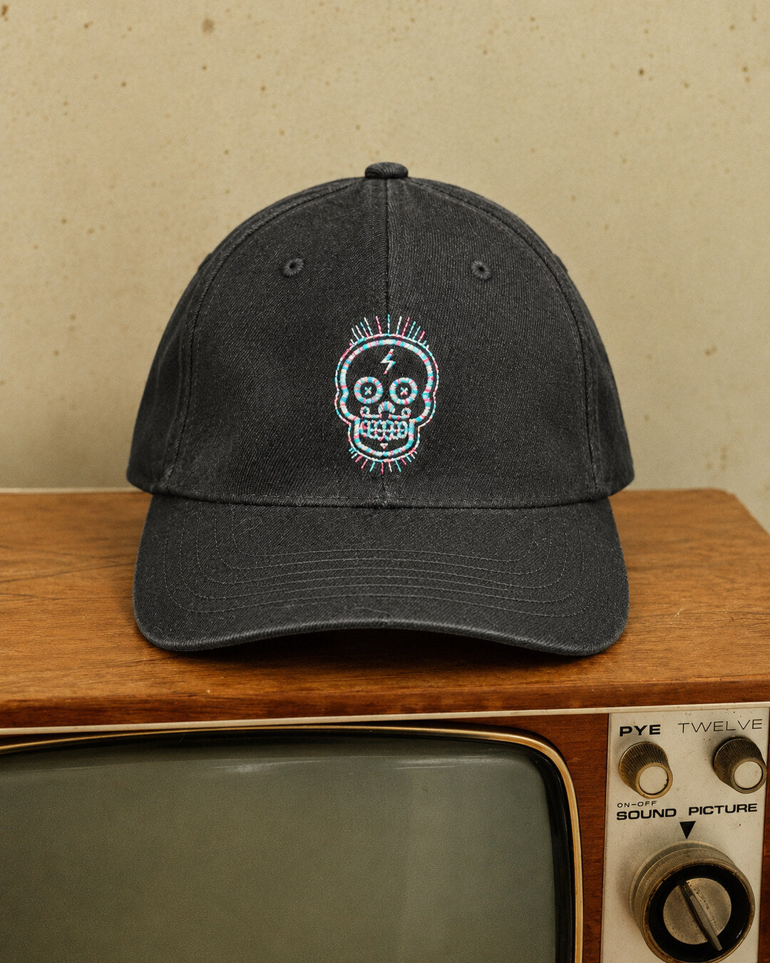 Black Embroidered Skull Cap, styled front view