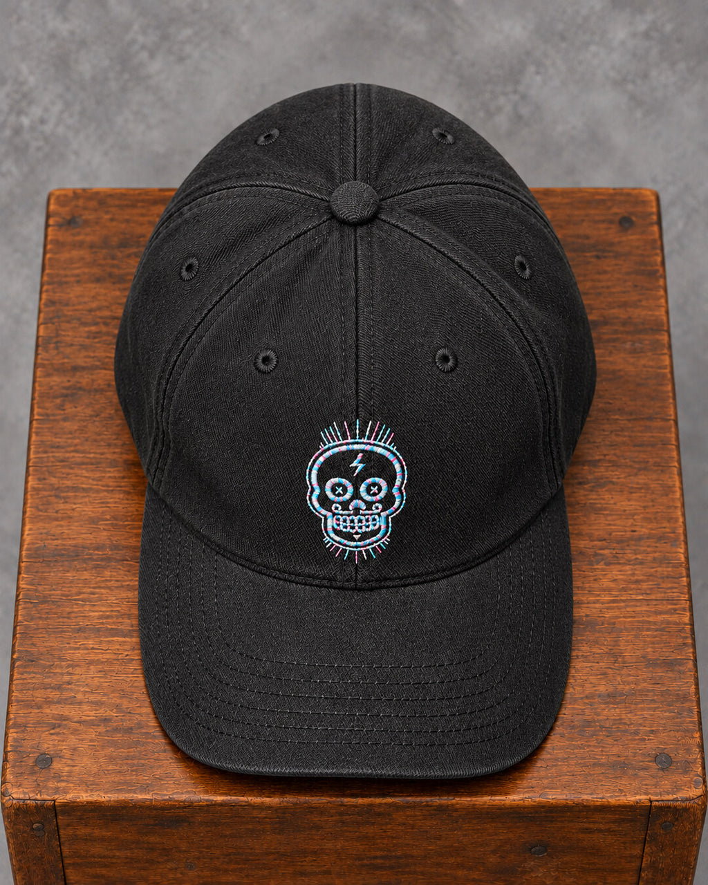 Black Embroidered Skull Cap, top view