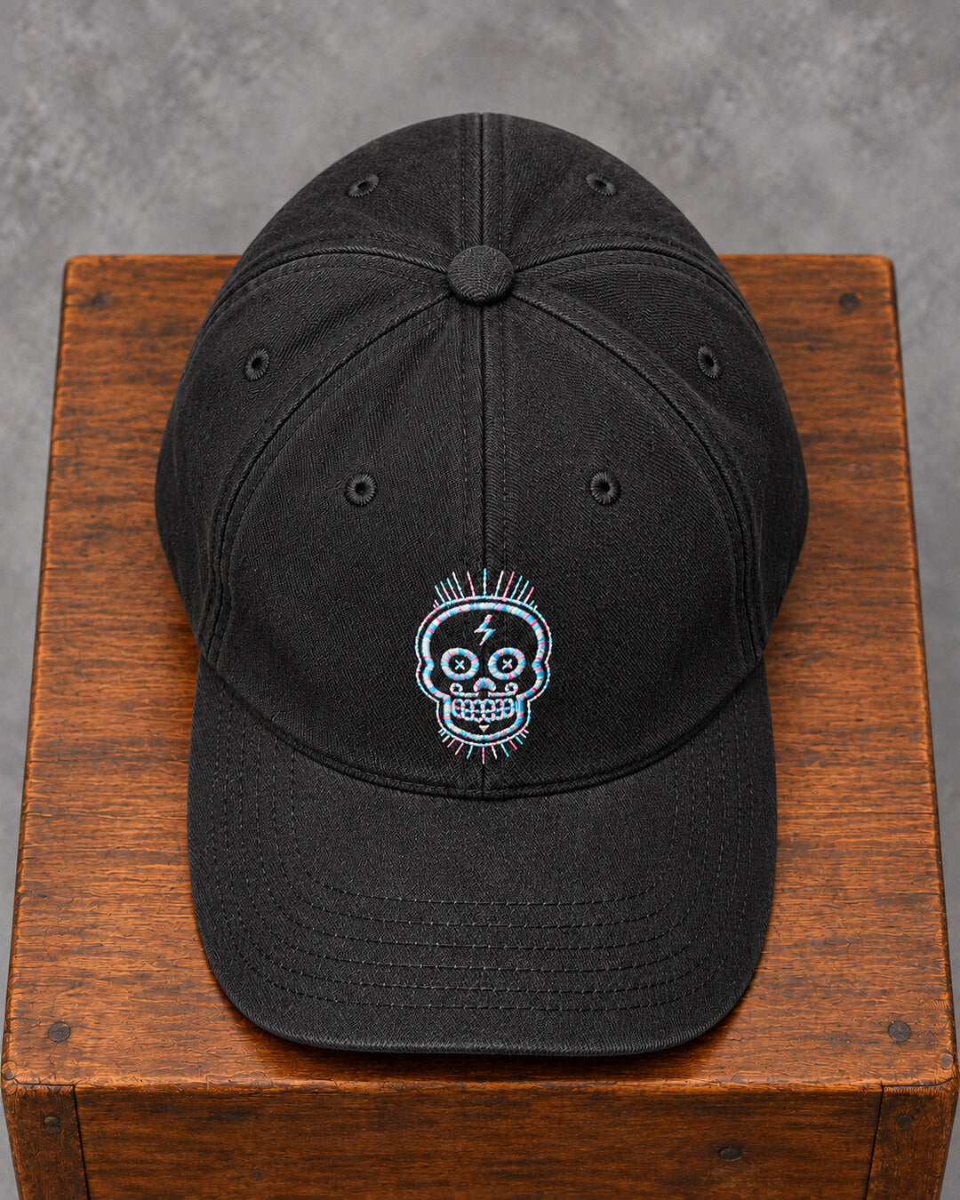 Black Embroidered Skull Cap, top view