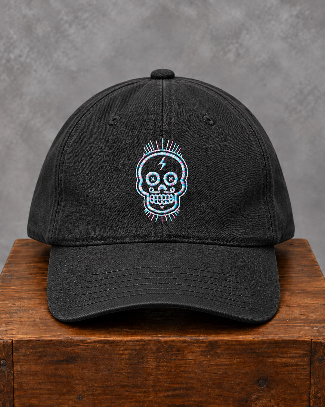 Black Embroidered Skull Cap, front view