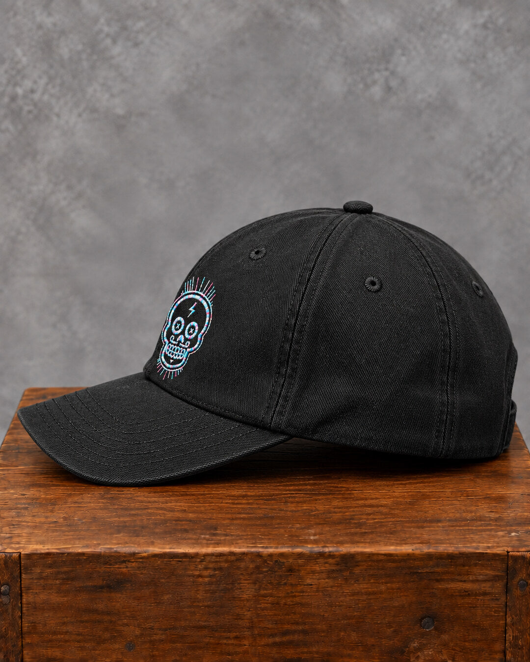 Black Embroidered Skull Cap, side view