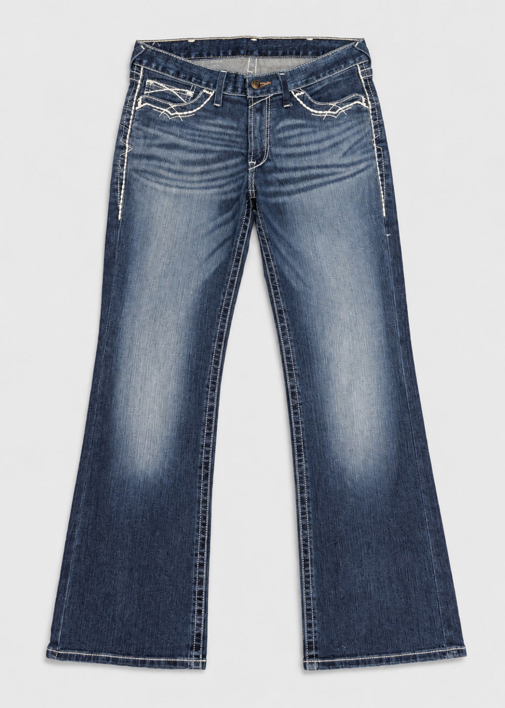 Blue wash contrast stitch bootcut jeans front flat lay showing flared hems