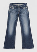 Blue wash contrast stitch bootcut jeans front flat lay showing flared hems