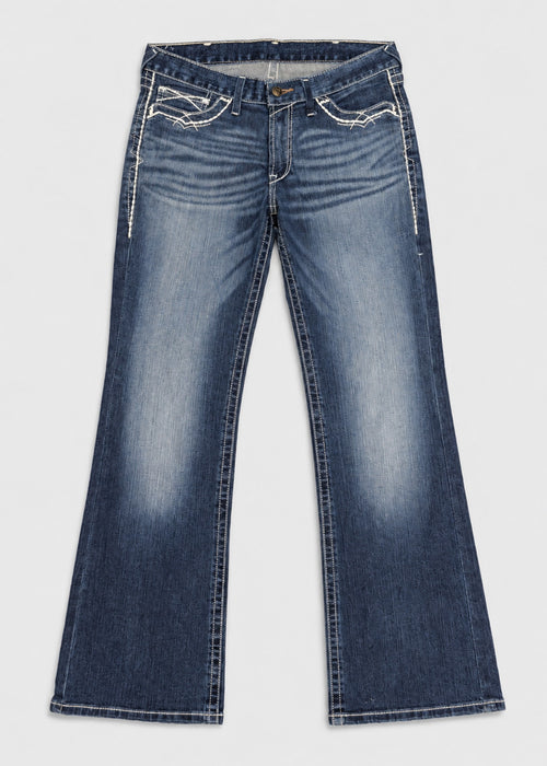 Blue wash contrast stitch bootcut jeans front flat lay showing flared hems