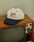 Duke Cream & Navy Embroidered Cap, styled side angle