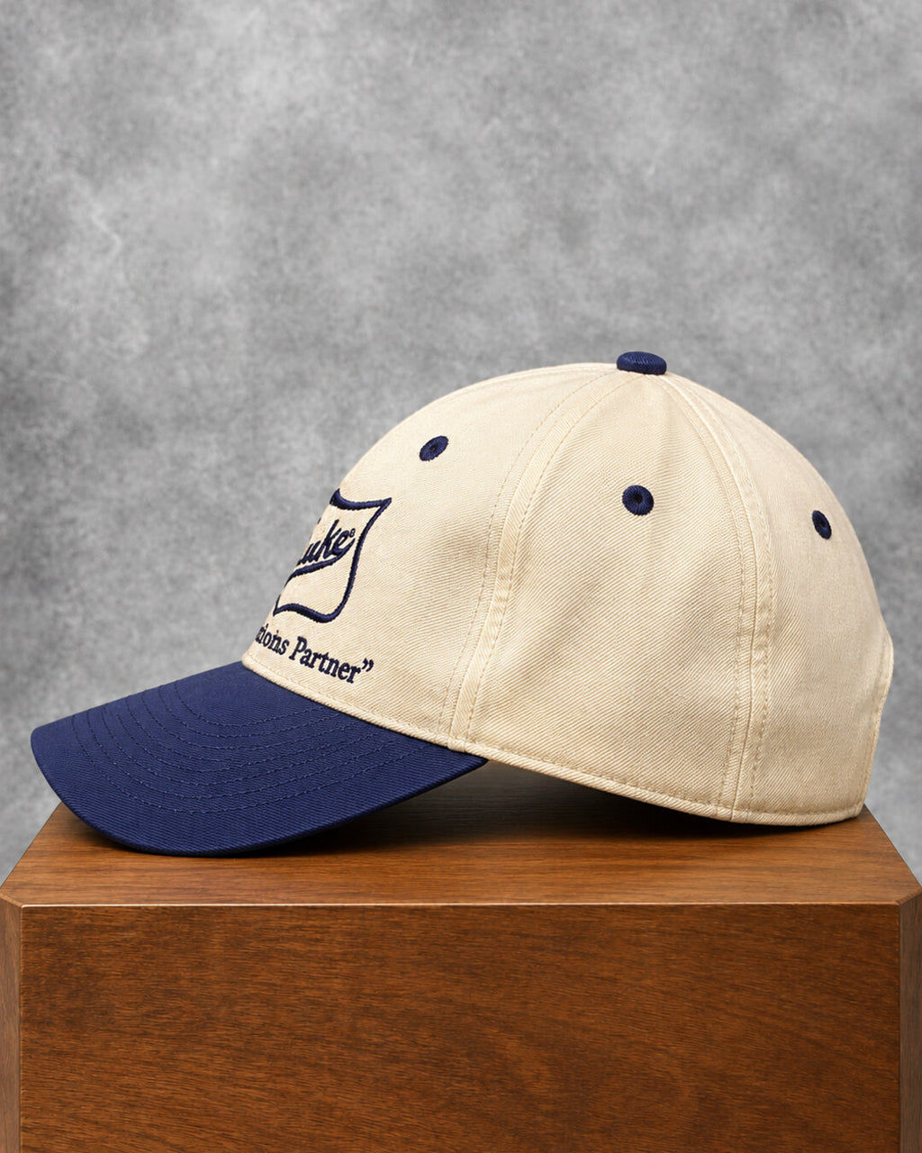Duke Cream & Navy Embroidered Cap, side view