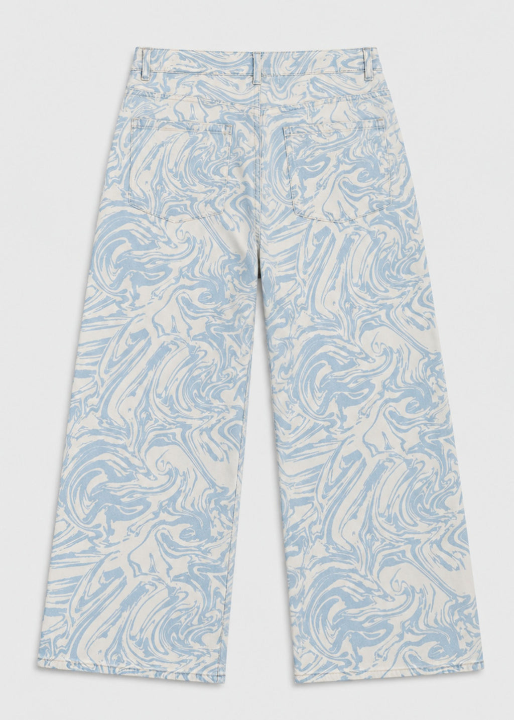 High Spirits women's blue marble print jeans, back flat lay with patch pockets