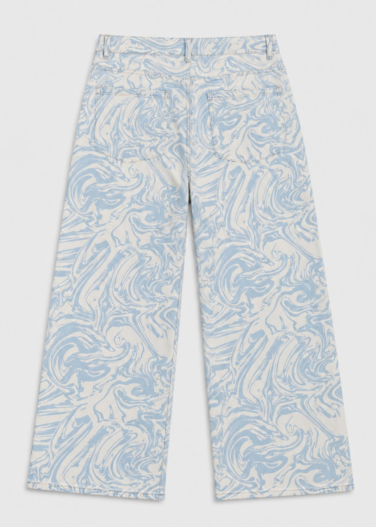 High Spirits women's blue marble print jeans, back flat lay with patch pockets