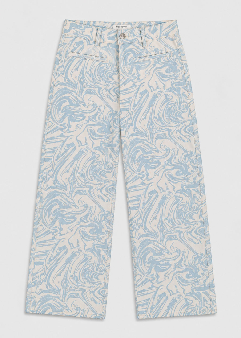 High Spirits women's blue and white marble print wide leg jeans, front flat lay