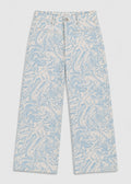 High Spirits women's blue and white marble print wide leg jeans, front flat lay