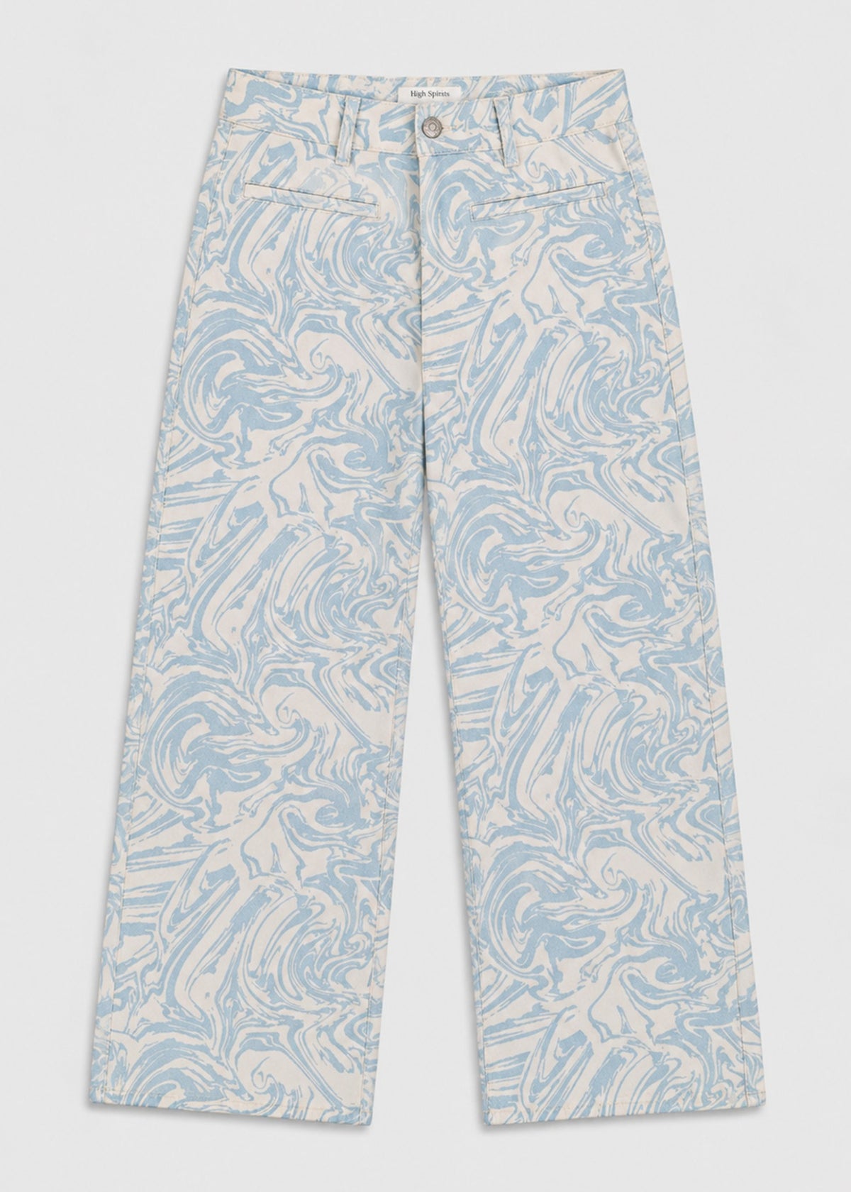 High Spirits women's blue and white marble print wide leg jeans, front flat lay