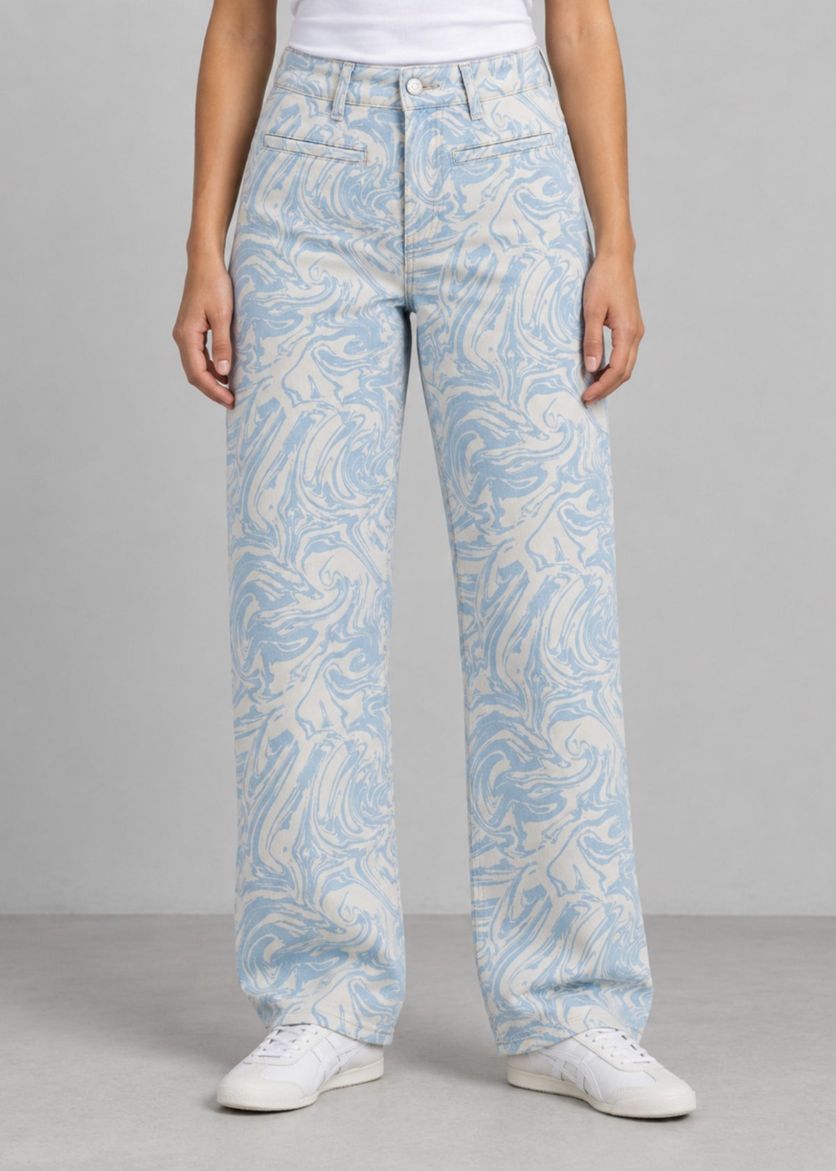 High Spirits blue marble print wide leg jeans worn by female model, front view