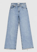 Hollister light wash wide leg jeans front flat lay with raw frayed hem