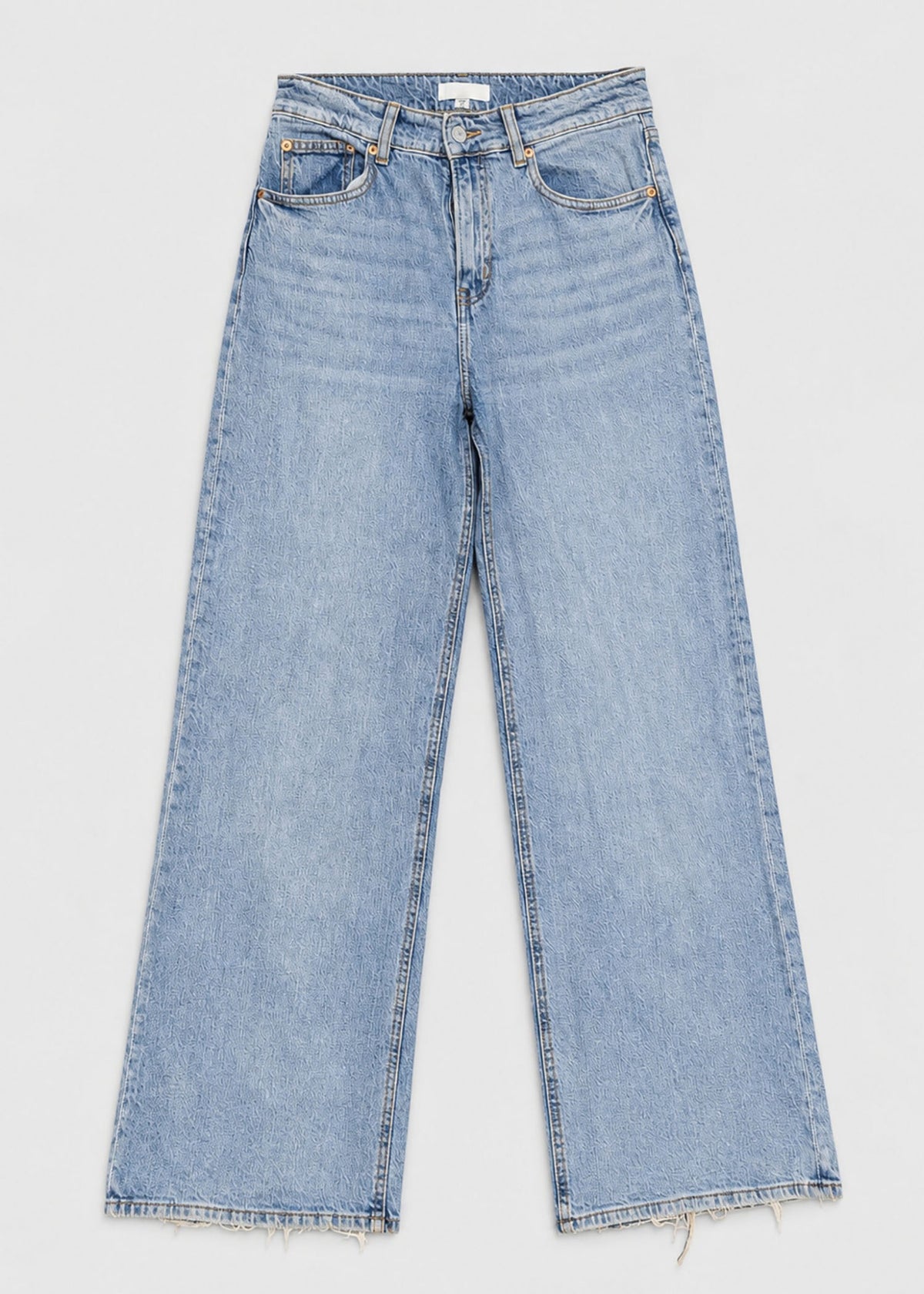 Hollister light wash wide leg jeans front flat lay with raw frayed hem