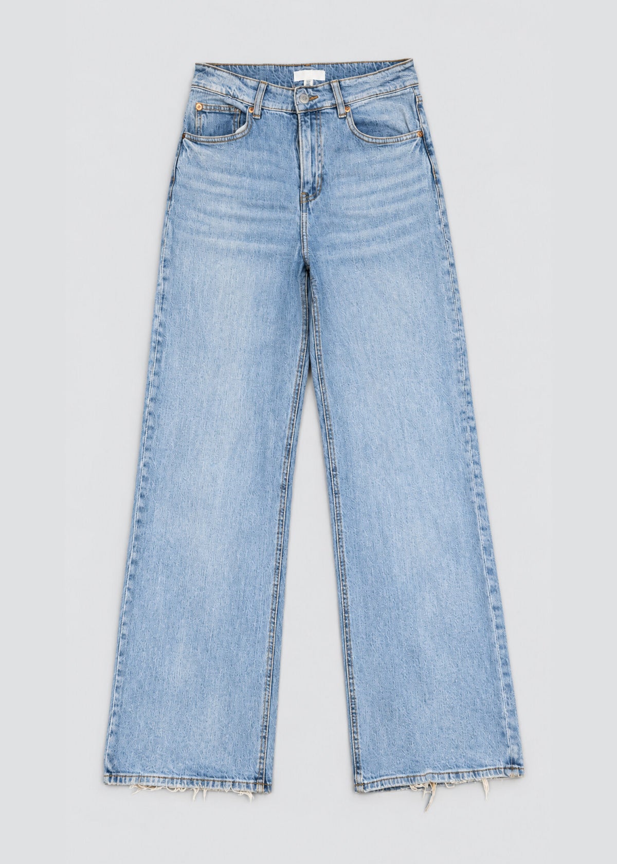 Light wash wide leg raw hem jeans front flat lay, waist 28 inches