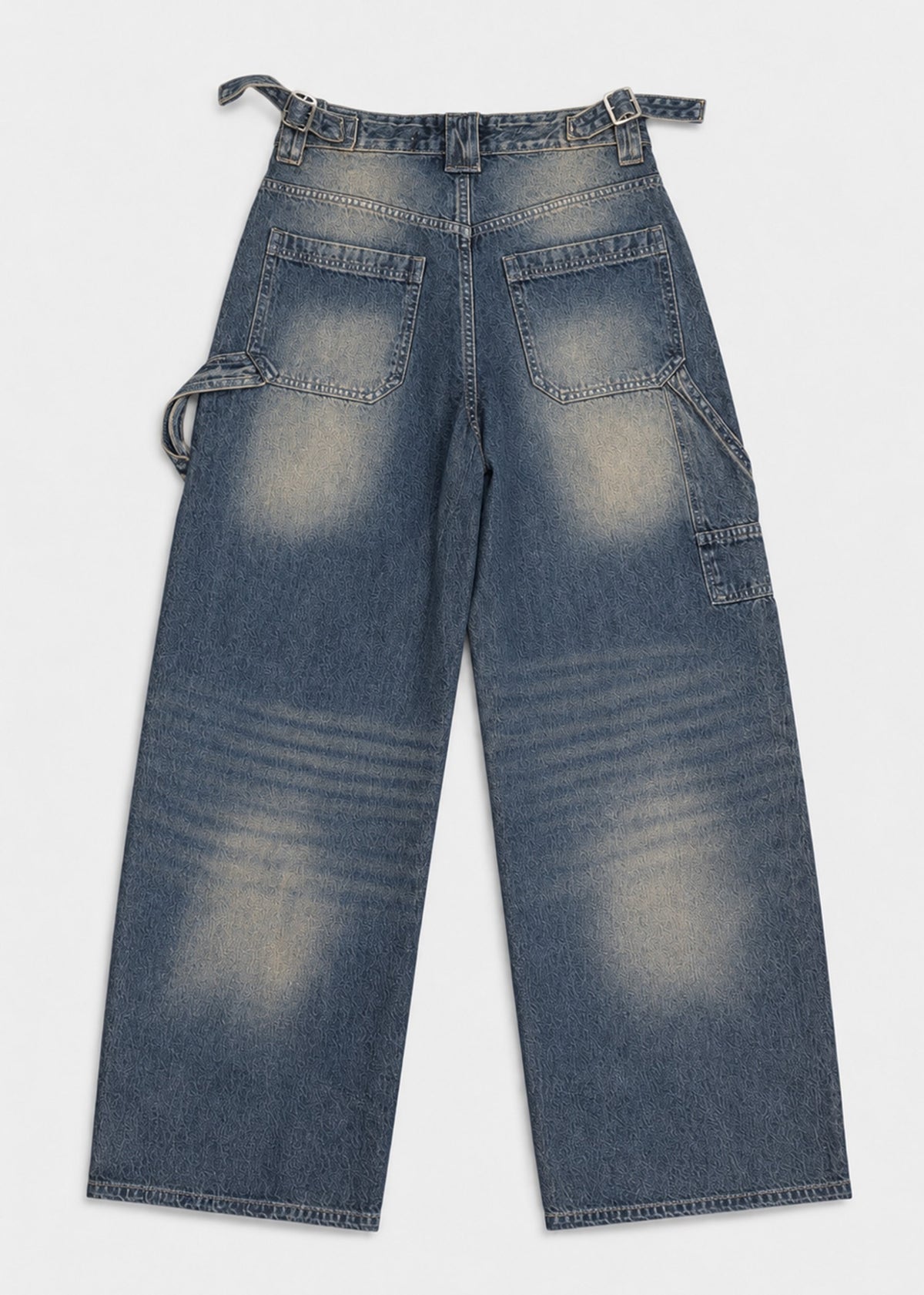 Medium blue balloon fit utility jeans back flat lay with patch pockets and side pocket