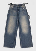 Medium blue balloon fit utility jeans front flat lay, faded wash and side loops