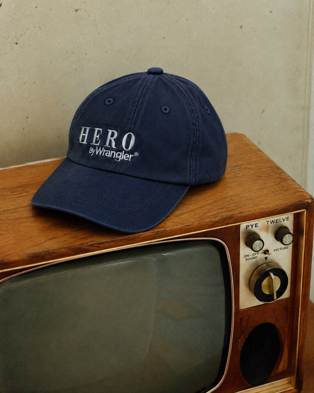 Navy HERO by Wrangler Embroidered Cap, styled angle