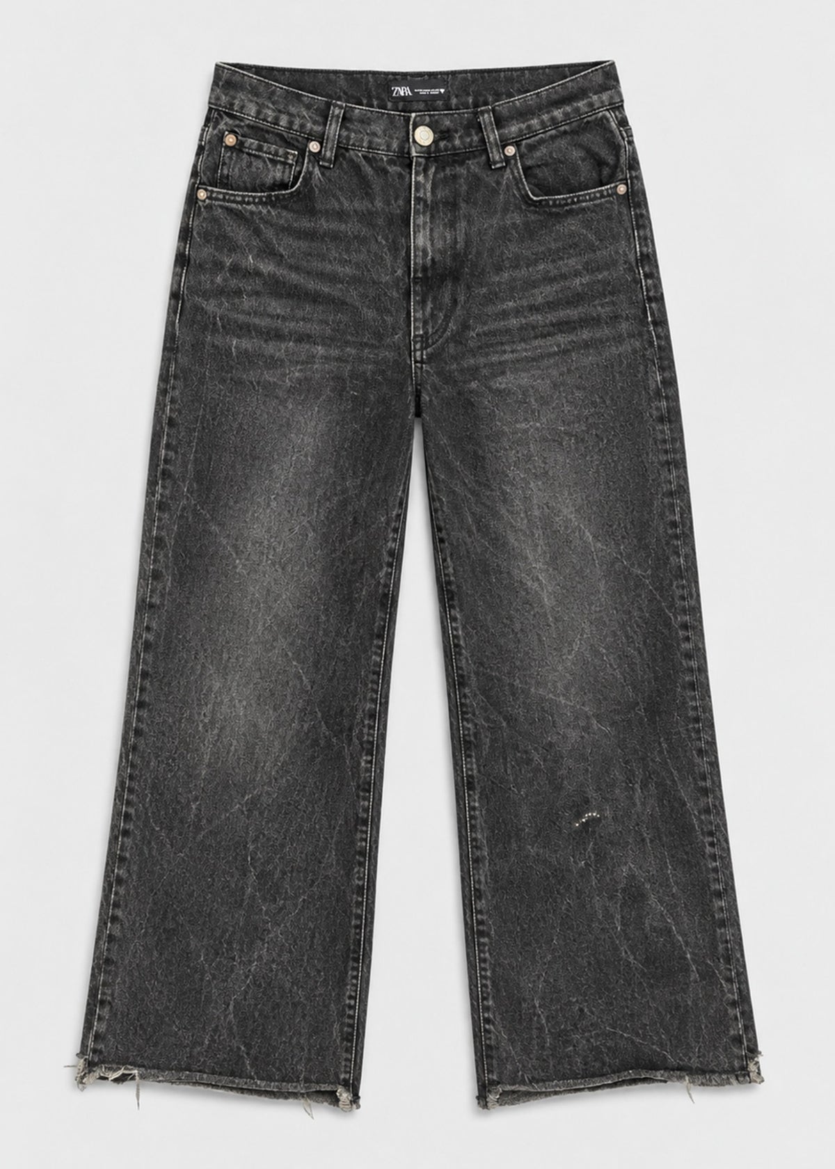 Zara charcoal acid wash wide leg jeans front flat lay with raw frayed hem