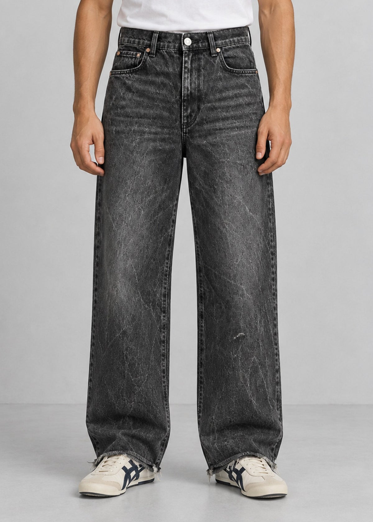Unisex Zara charcoal acid wash wide leg jeans on male model, front view