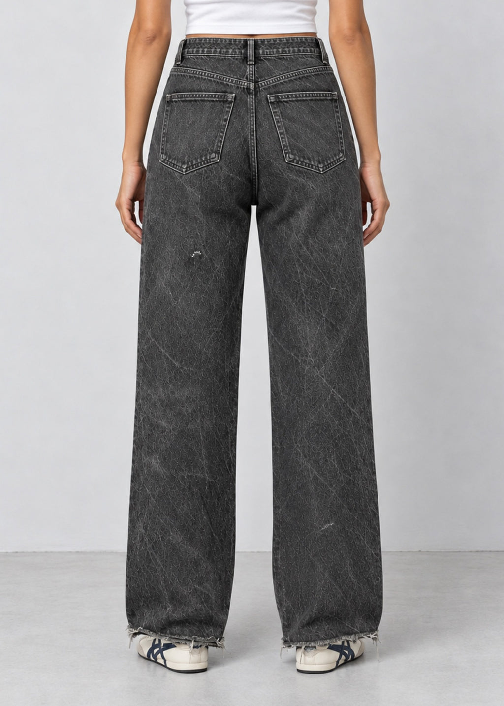 Unisex Zara charcoal acid wash wide leg jeans on female model, back view